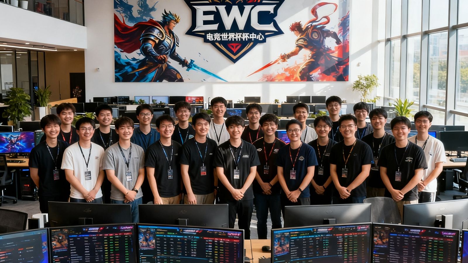 一张EWC电竞世界杯中文运营中心团队的正式合影，约四十位团队成员在现代开放式办公空间内微笑站立，背景墙上挂着巨大的EWC官方标志和英雄联盟主题艺术画，办公桌上整齐排列着多台显示器展示着实时赛事数据，阳光透过落地窗洒入室内营造出专业而充满活力的工作氛围